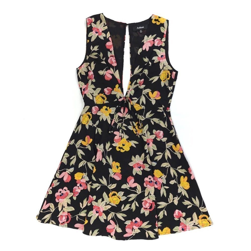 AAKAA Plunge Front Cutout Fit and Flare Mini Dress in Black Floral Womens Small